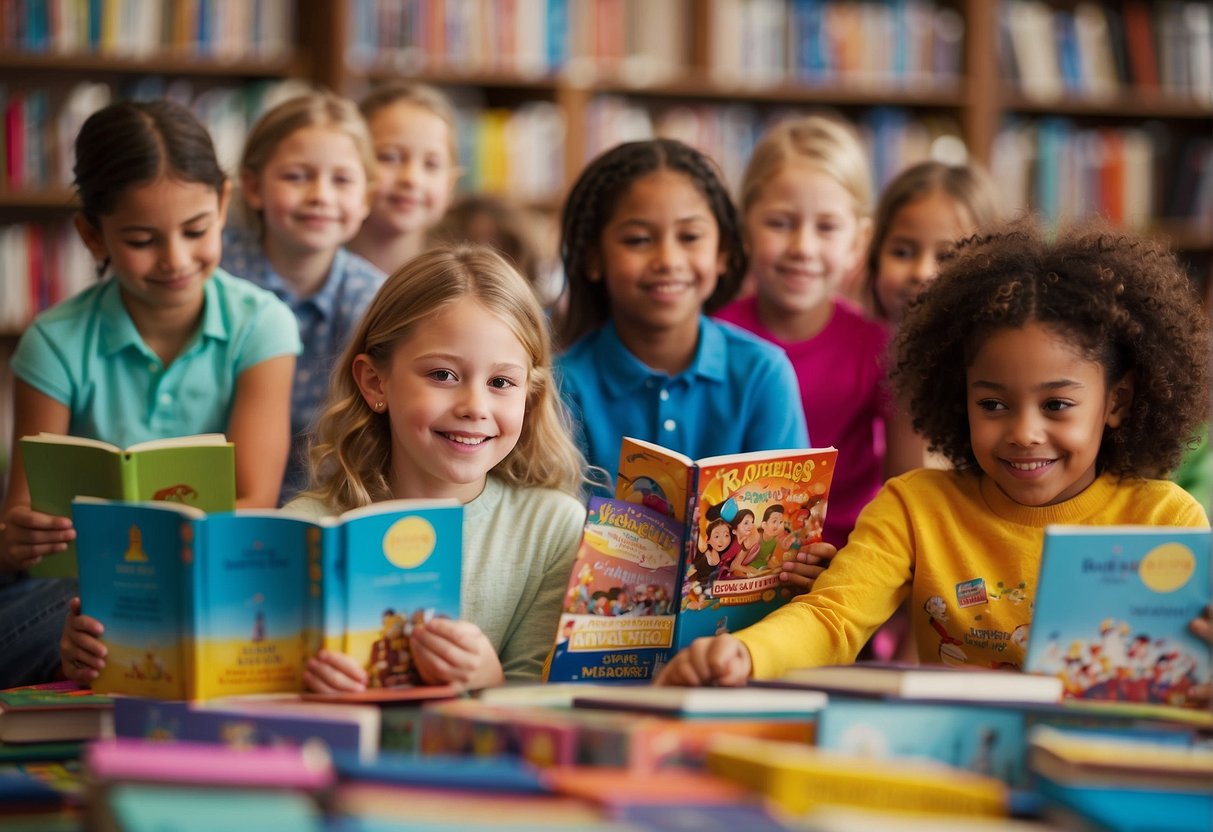 Children gather around a colorful display of books, eagerly participating in Missouri's Spring Break Reading Programs. Bright banners and cheerful decorations add to the inviting atmosphere