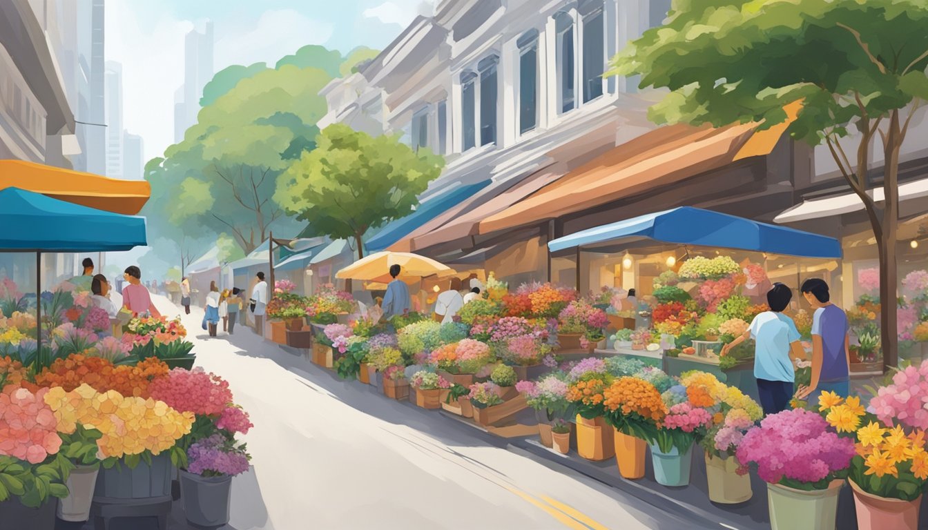 Vibrant flower shops line a bustling street in Singapore, showcasing colorful blooms and intricate arrangements. The scent of fresh flowers fills the air, drawing in customers seeking the best florists in the city