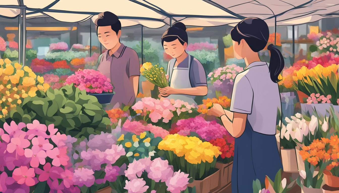 Customers browsing colorful blooms at a bustling flower market in Singapore, surrounded by vibrant displays and the fragrant scent of fresh flowers