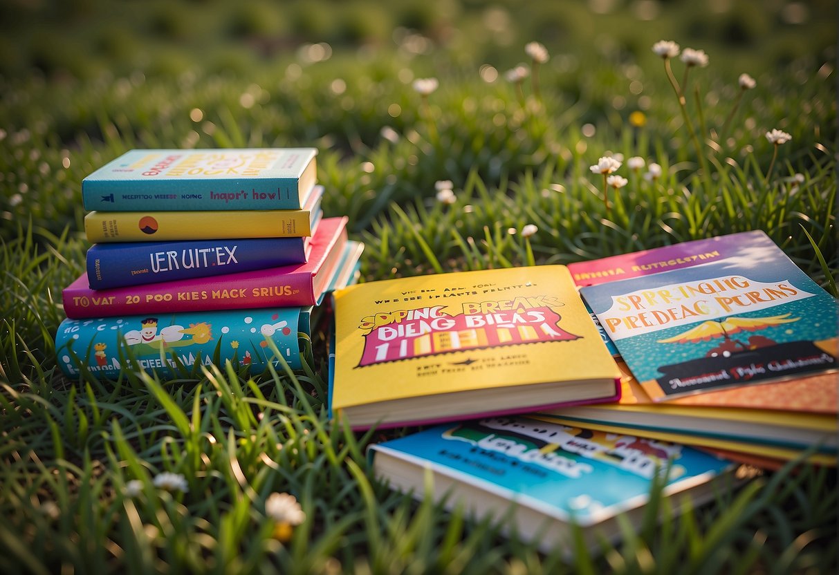 Children's books scattered on a grassy field with a colorful banner promoting Missouri's Spring Break Reading Programs in the background