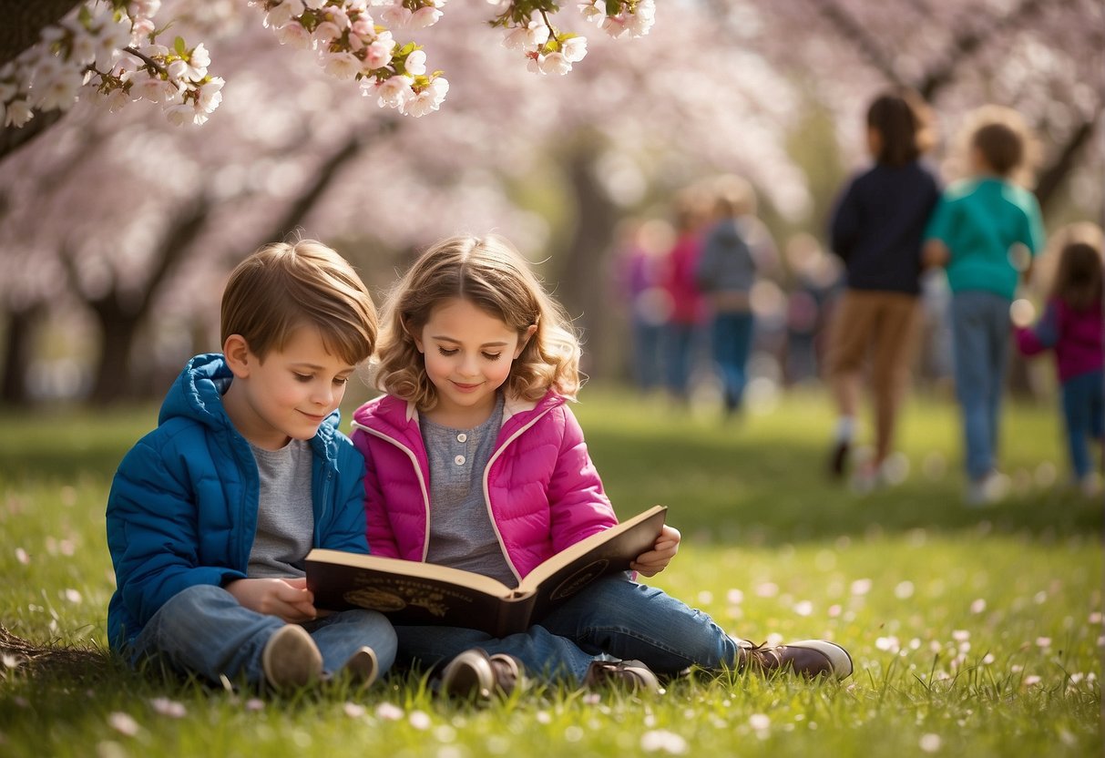 Children reading books under a blooming cherry blossom tree with a sign promoting Missouri's Spring Break Reading Programs for Kids
