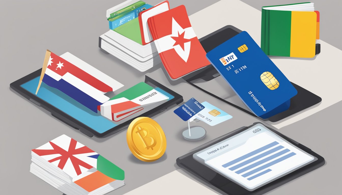 Books displayed on a digital device with a "buy now" button, a credit card, and a Singaporean flag in the background