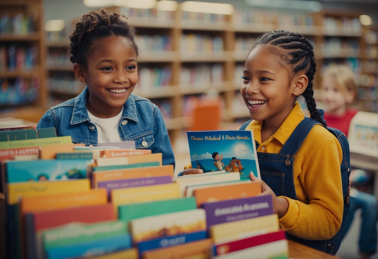 Children eagerly gather around colorful book displays, excitedly choosing their next adventure. Smiling librarians engage with kids, encouraging a love for reading