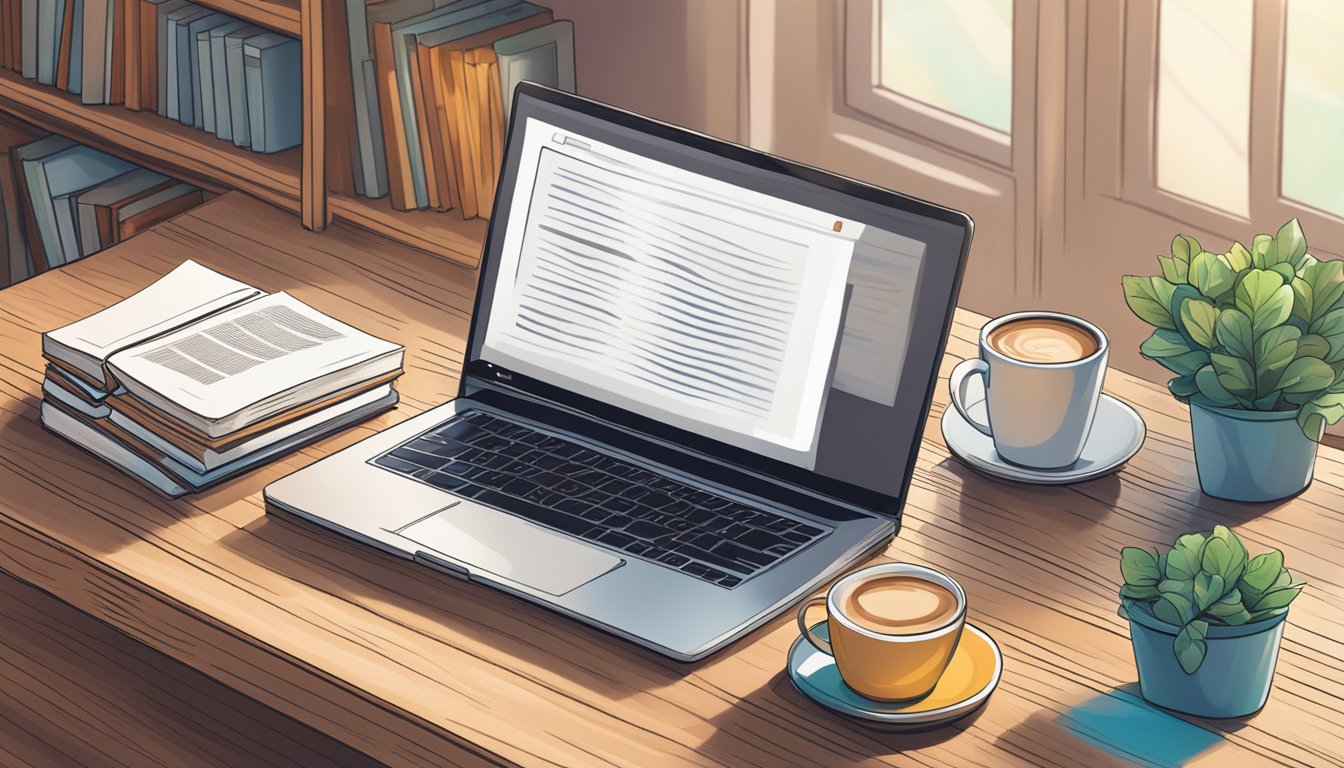 A laptop sits open on a wooden desk, displaying an online bookstore homepage. A stack of books and a cup of coffee are nearby