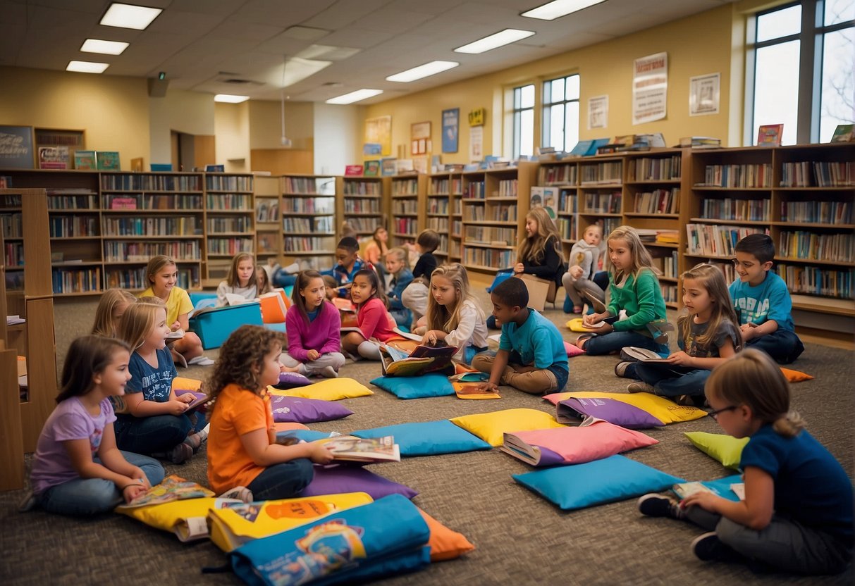 Children eagerly engage in Missouri's Spring Break Reading Programs, surrounded by colorful books, reading nooks, and enthusiastic librarians. A vibrant atmosphere of learning and fun fills the air