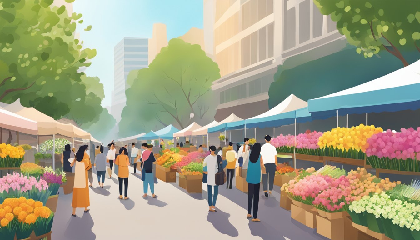 A bustling flower market in Singapore, with colorful blooms displayed in rows, vendors chatting with customers, and the scent of fresh flowers wafting through the air