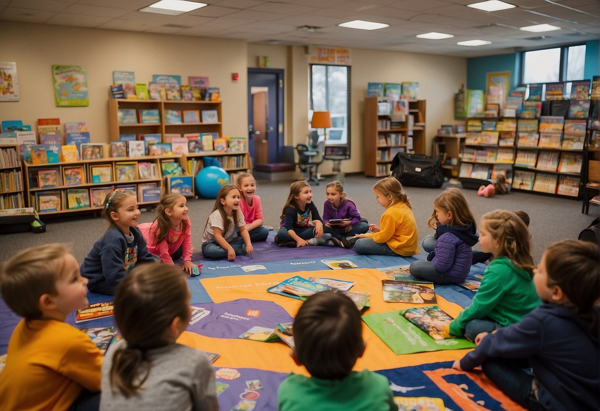 Children eagerly engage with books and participate in interactive activities at Missouri's Spring Break Reading Programs. The room is filled with colorful displays and enthusiastic young readers