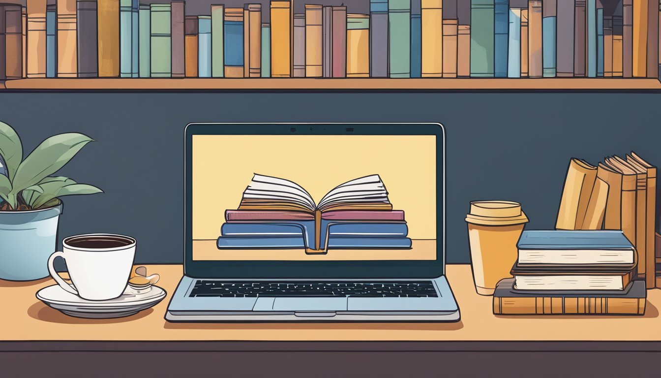 A laptop displaying a variety of book covers, with a cup of coffee and a cozy reading nook in the background