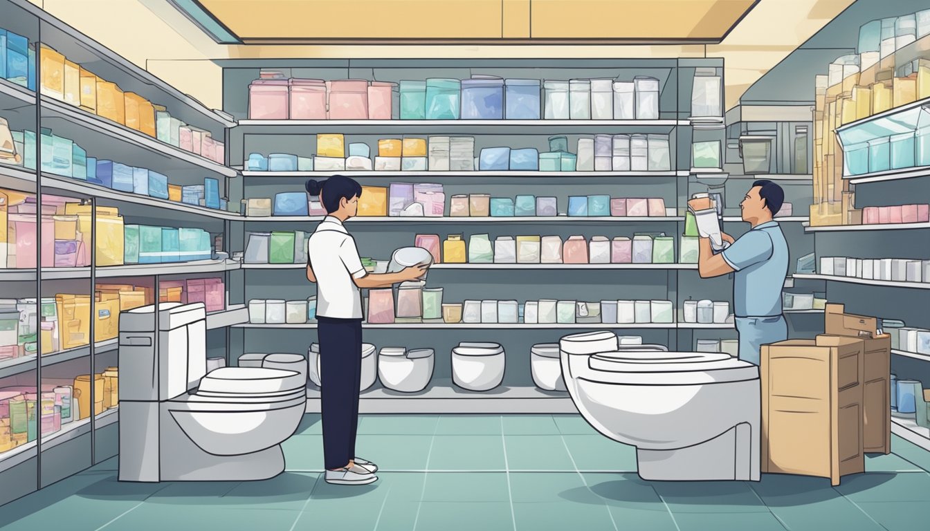 A store in Singapore sells toilet bowls, with various options on display and a salesperson assisting a customer
