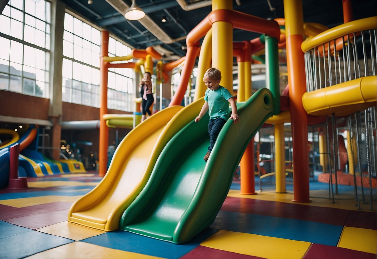 Children playing on colorful slides, swings, and climbing structures in a bright indoor playground. The floor is covered with soft foam padding, and the space is filled with laughter and excitement