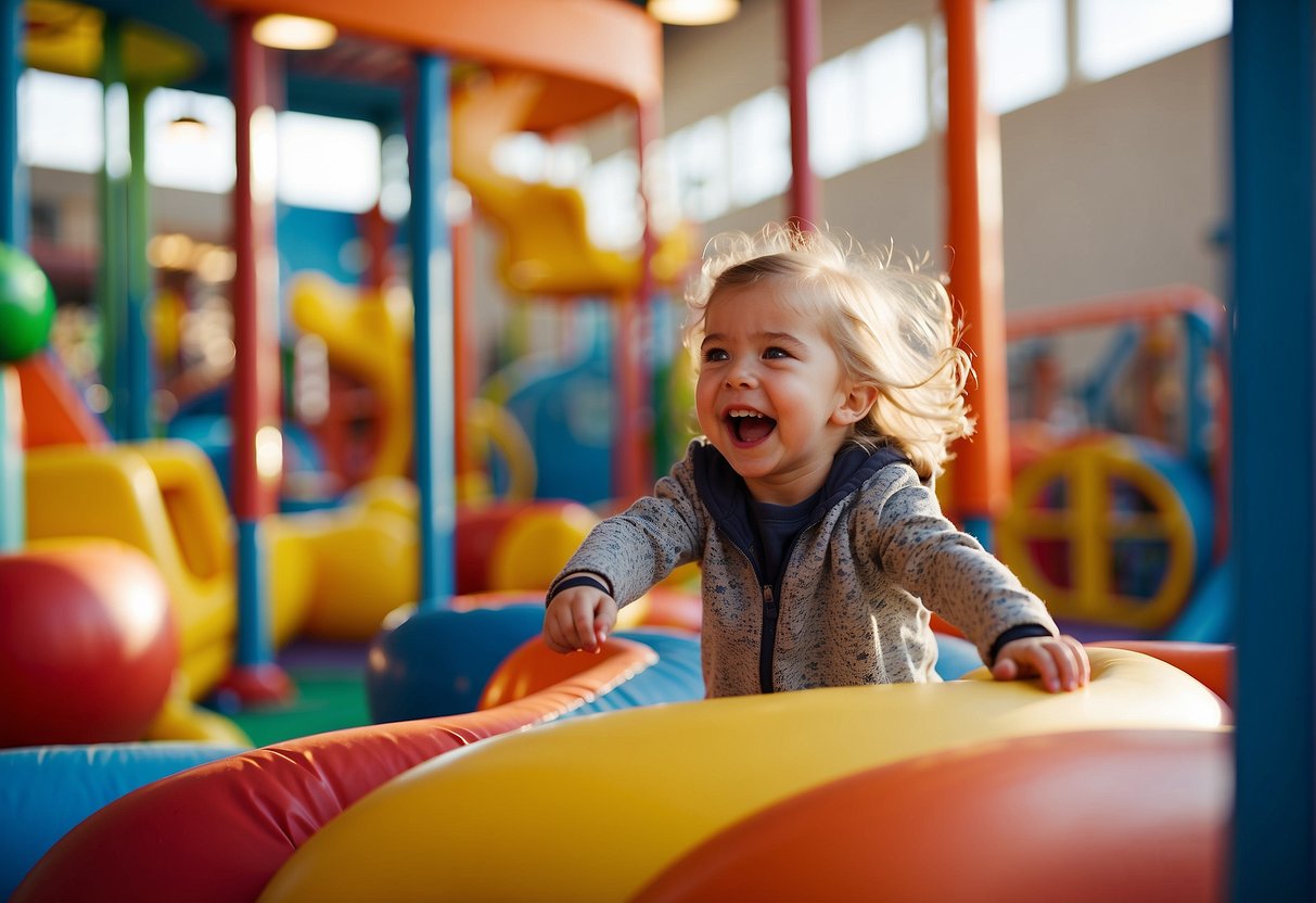Children laughing and playing on colorful indoor playground equipment, surrounded by bright, clean walls and padded floors. Sunlight streams in through large windows, creating a cheerful and safe environment for spring break fun
