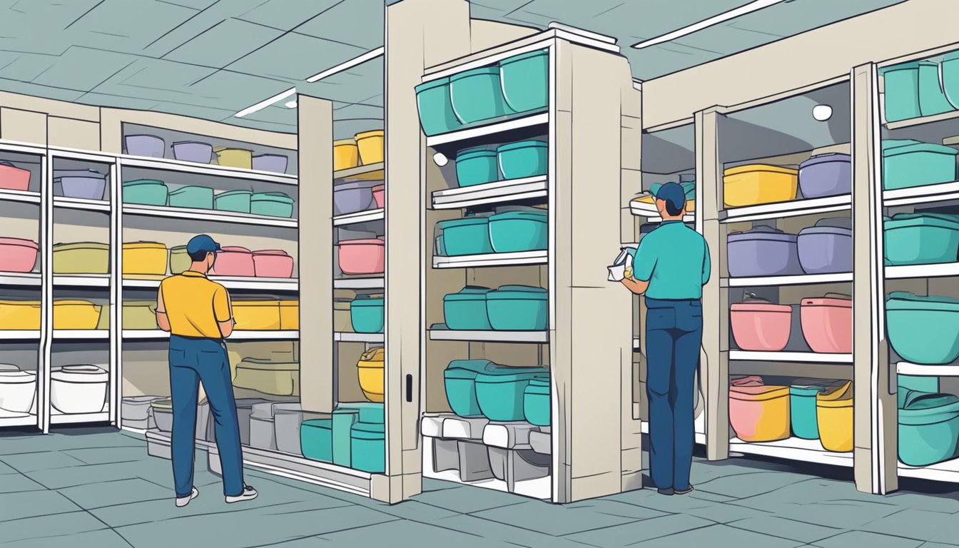 A customer carefully examines different toilet bowl options at a home improvement store in Singapore
