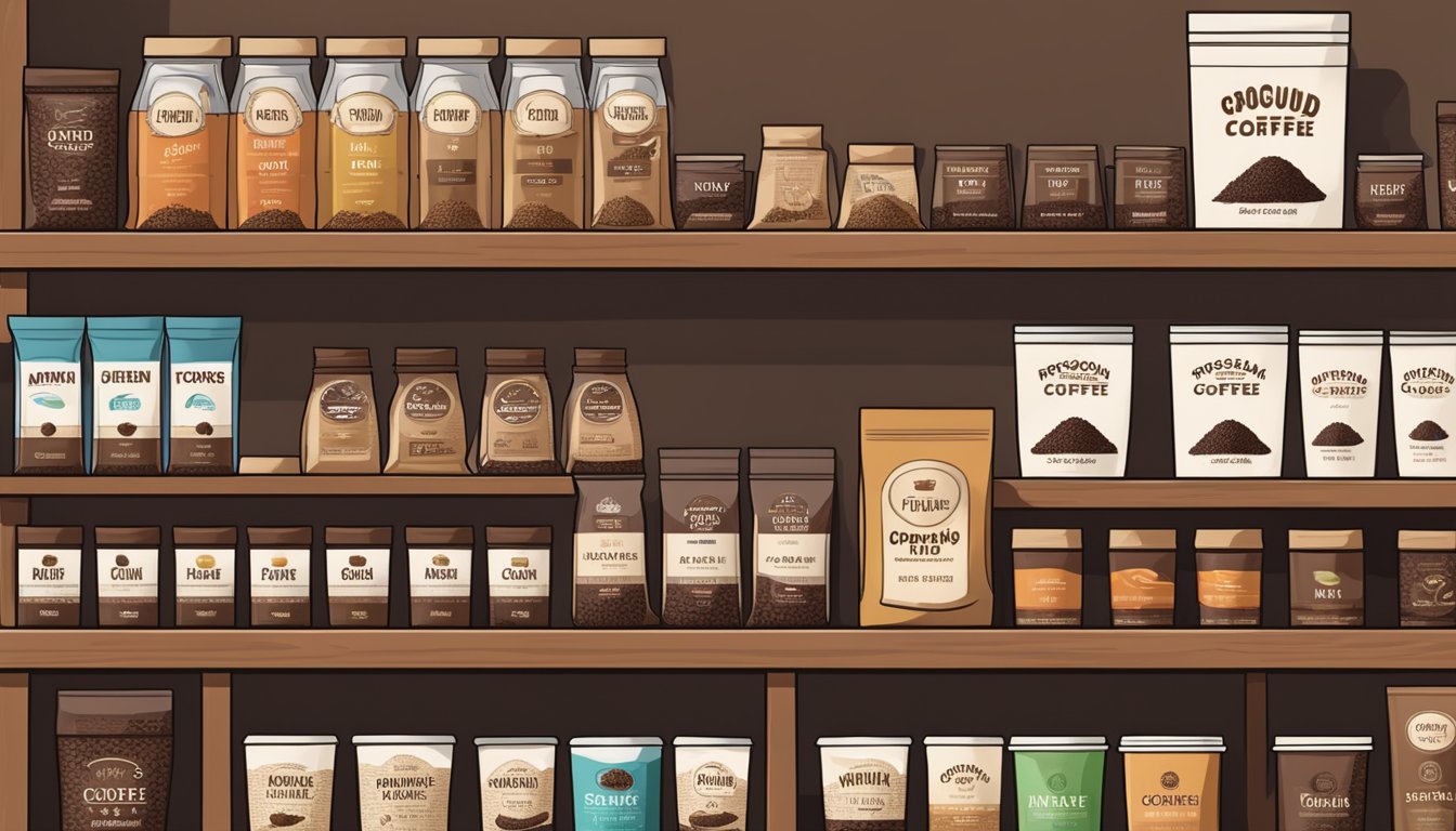 Various ground coffee brands displayed on a shelf in a coffee shop