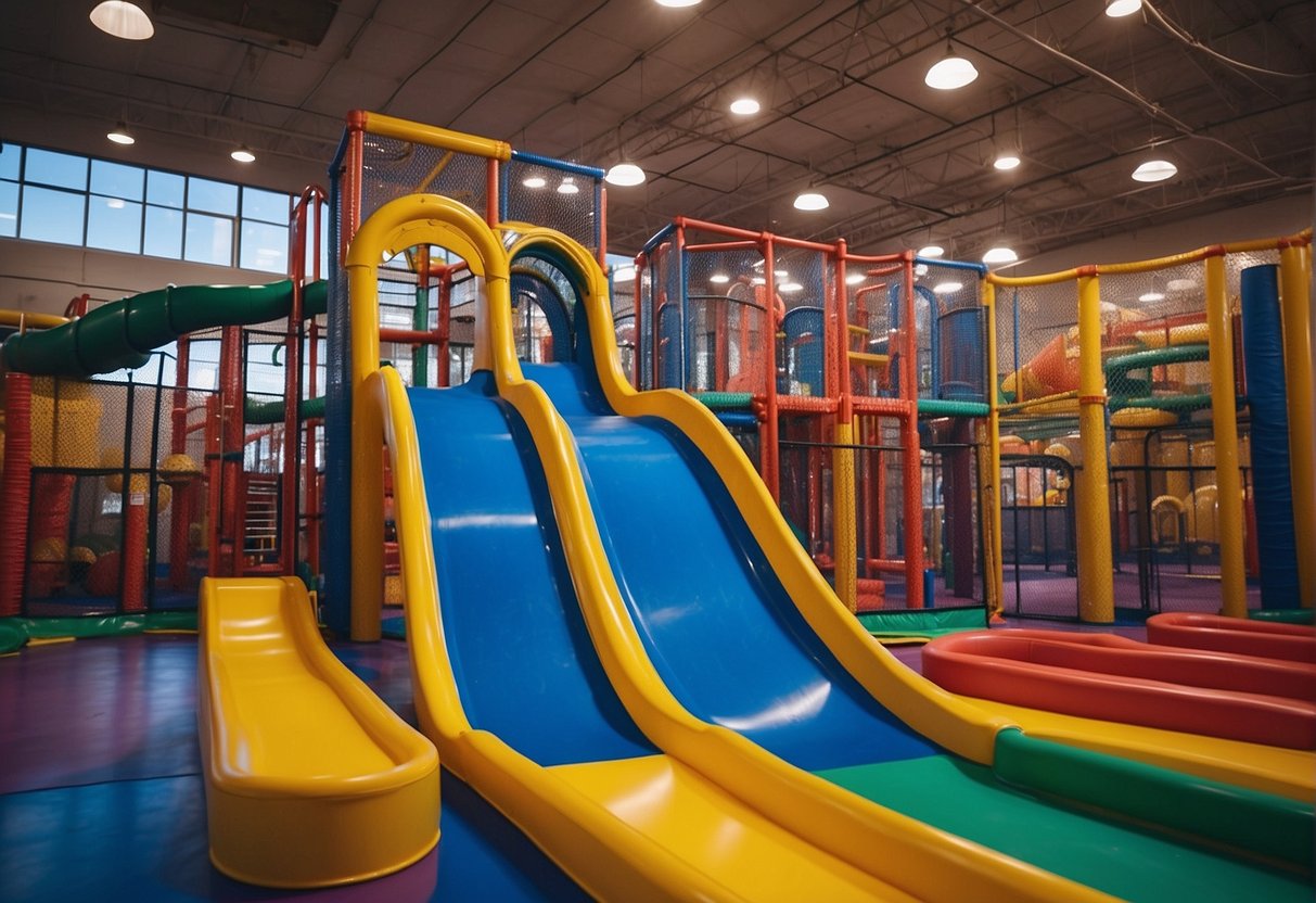 Children playing on colorful slides, climbing walls, and bouncing on trampolines inside a spacious indoor playground in Missouri. Bright lights and vibrant decor create a cheerful and energetic atmosphere for spring break fun