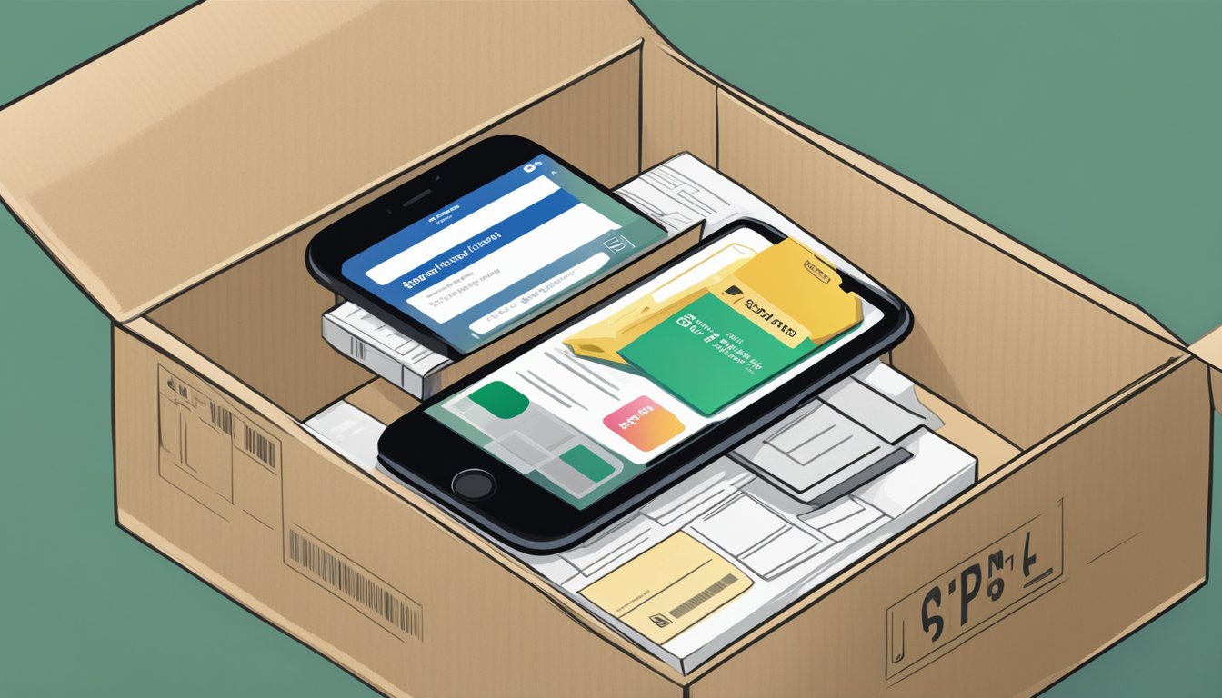 An iPhone is placed in a box, a shipping label is attached, and it is picked up by a courier in Singapore