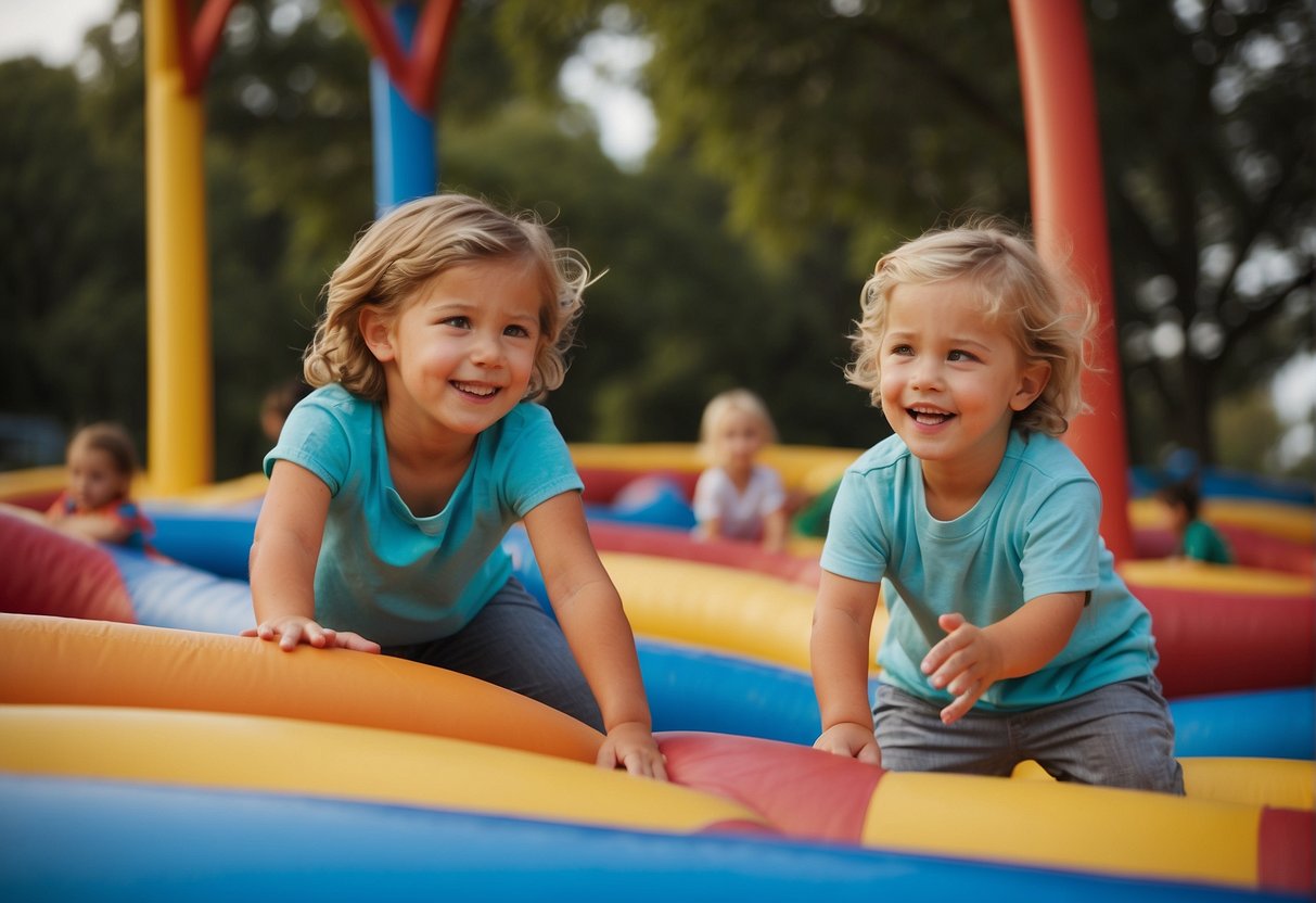 Children playing in age-appropriate areas: toddlers climbing on soft structures, preschoolers sliding down colorful slides, and older kids navigating obstacle courses. Parents chatting while keeping an eye on their little ones