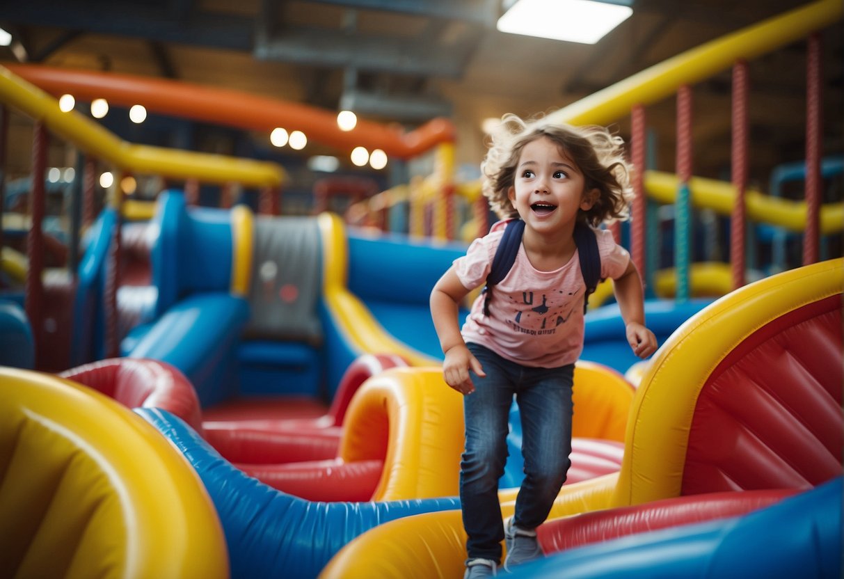 Children playing on colorful slides, climbing walls, and bouncing on inflatable structures inside a bright and spacious indoor playground