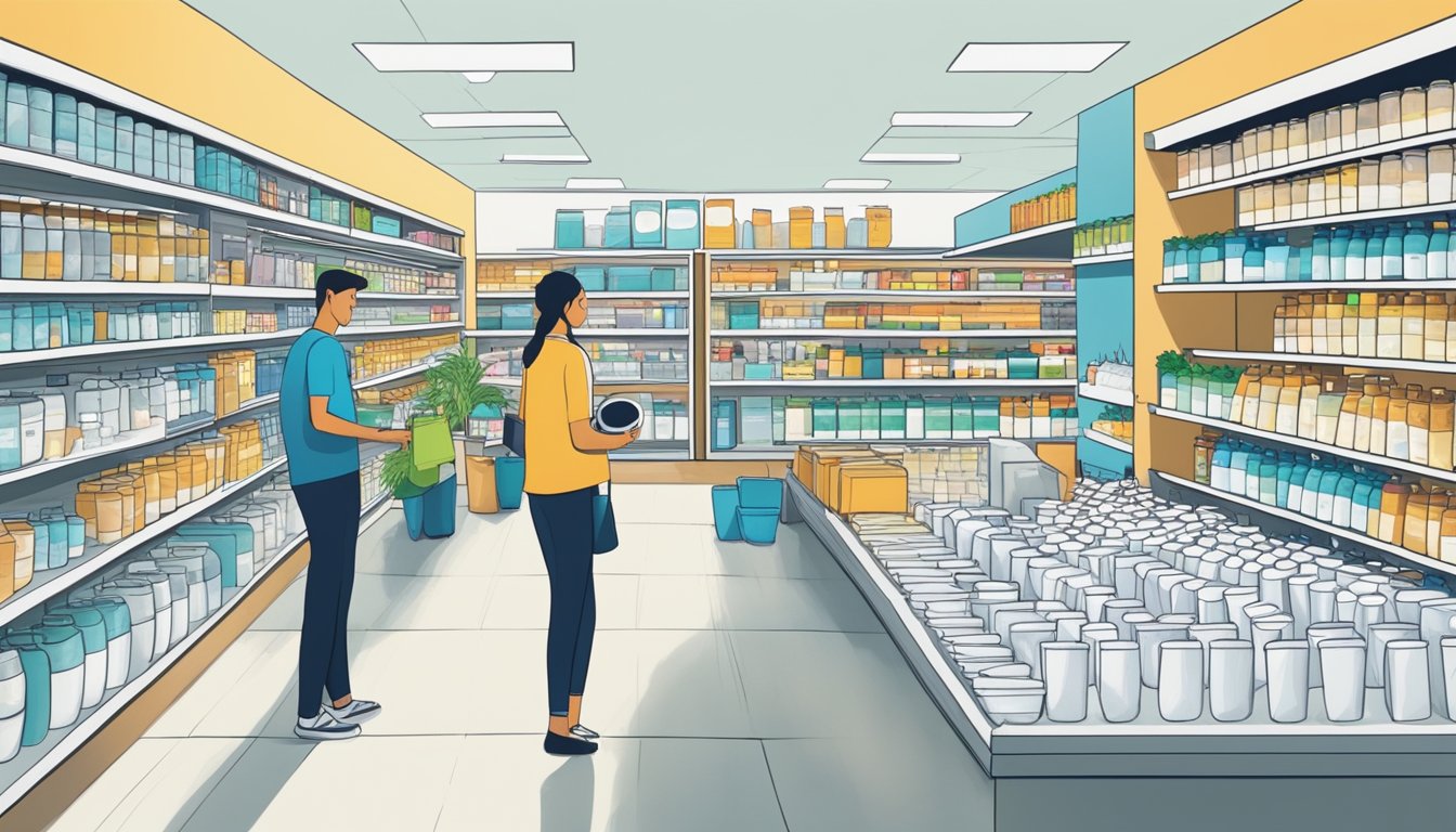 A busy store with shelves of toilet bowls, customers browsing, and a salesperson assisting