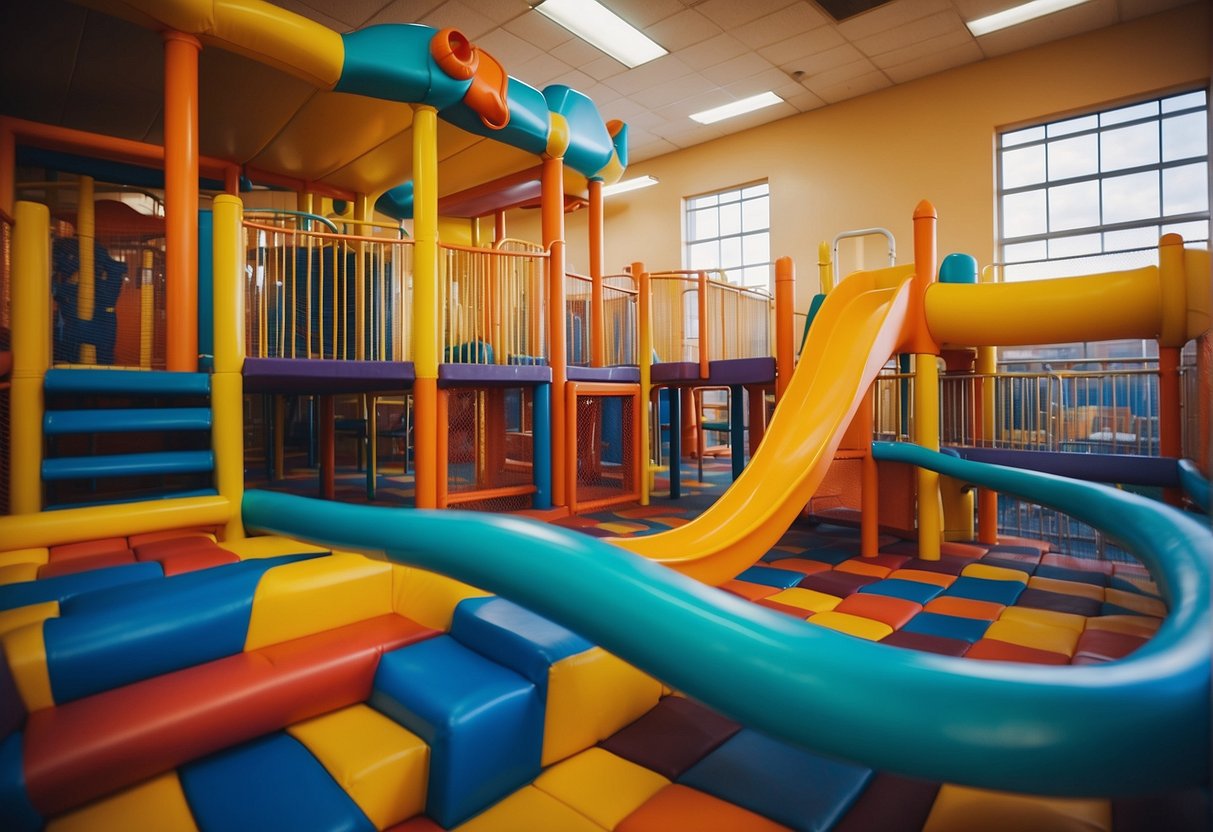 Children playing on colorful indoor playground equipment at a Missouri facility. Bright lights and vibrant colors create a cheerful atmosphere