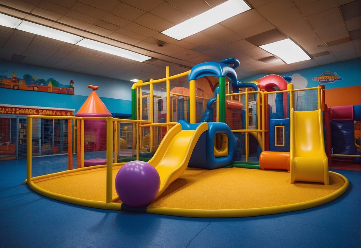 Colorful indoor playground with soft foam flooring and padded walls. Clean and sanitized equipment, safety signs, and hand sanitizer stations. Bright lights and cheerful music create a fun and safe environment for kids