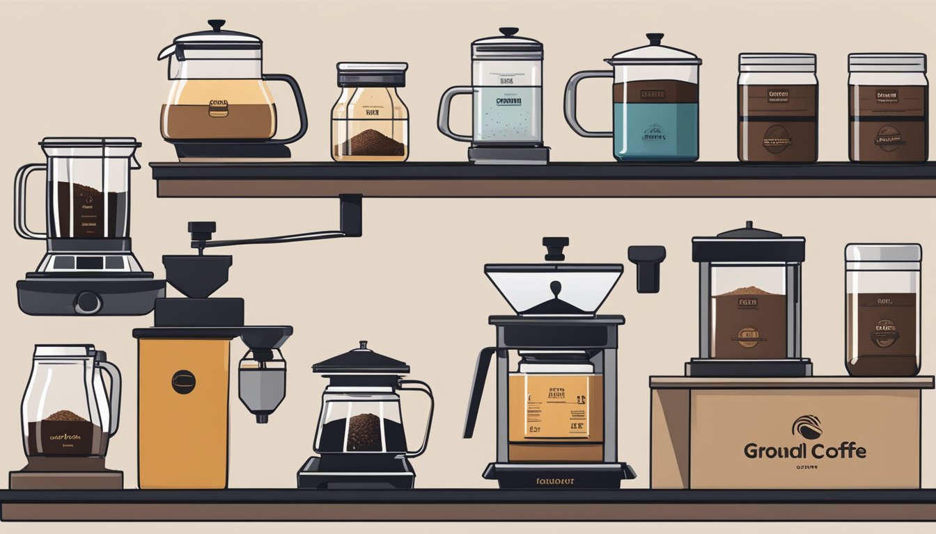 A table displays various bags and jars of ground coffee, each labeled with different brands and varieties. A coffee grinder and brewing equipment sit nearby, ready for experimentation