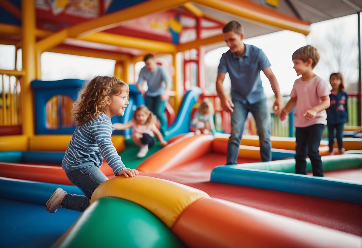 Children playing on colorful indoor playground equipment while parents watch and interact. Bright, clean environment with no mud. Missouri spring break fun