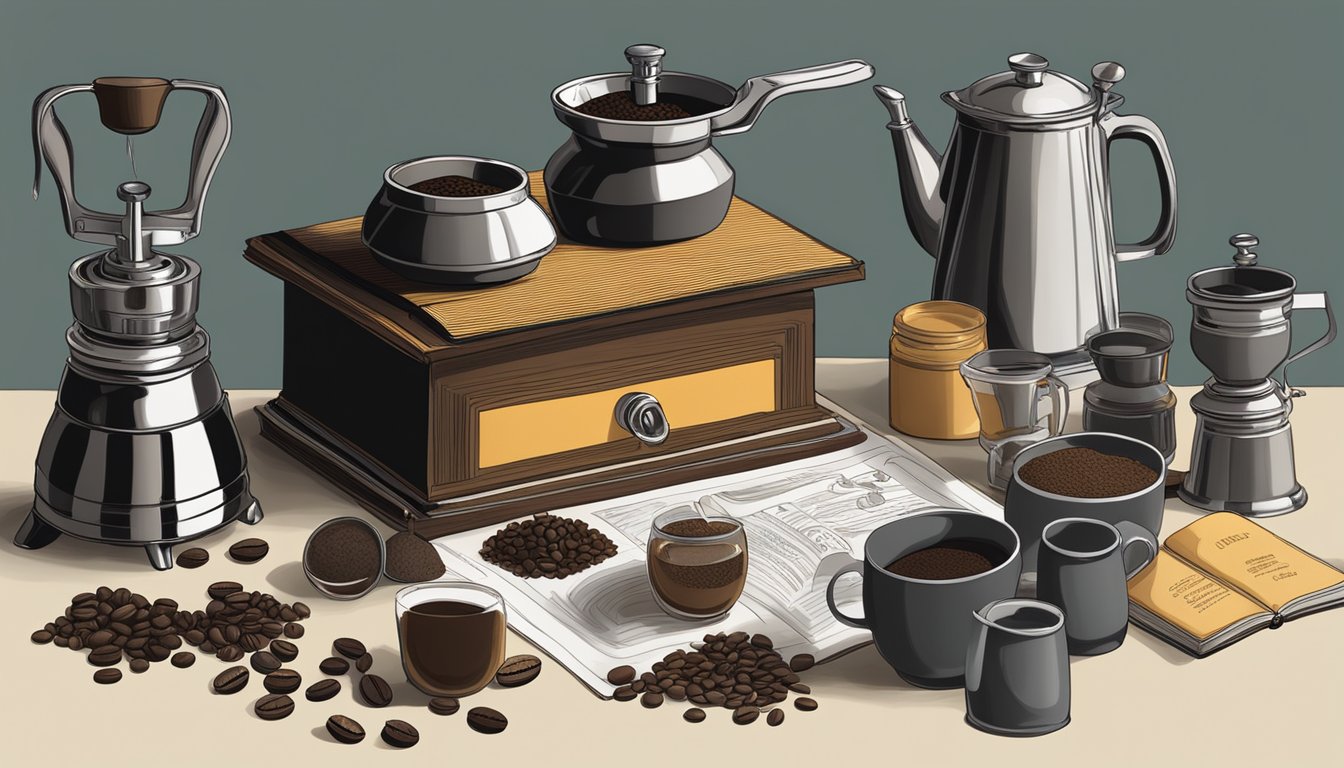 A table with various coffee grinders and bags of ground coffee, surrounded by brewing equipment and a book titled "The Connoisseur's Guide to Brewing."