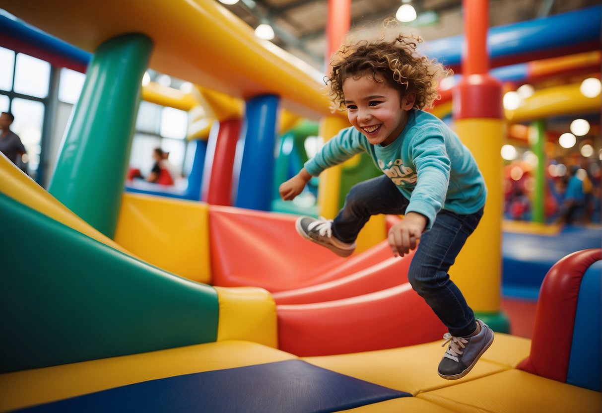Children playing on colorful indoor playground equipment, laughing and having fun. Brightly lit space with soft flooring, slides, tunnels, and climbing structures. Signage promoting Spring Break activities