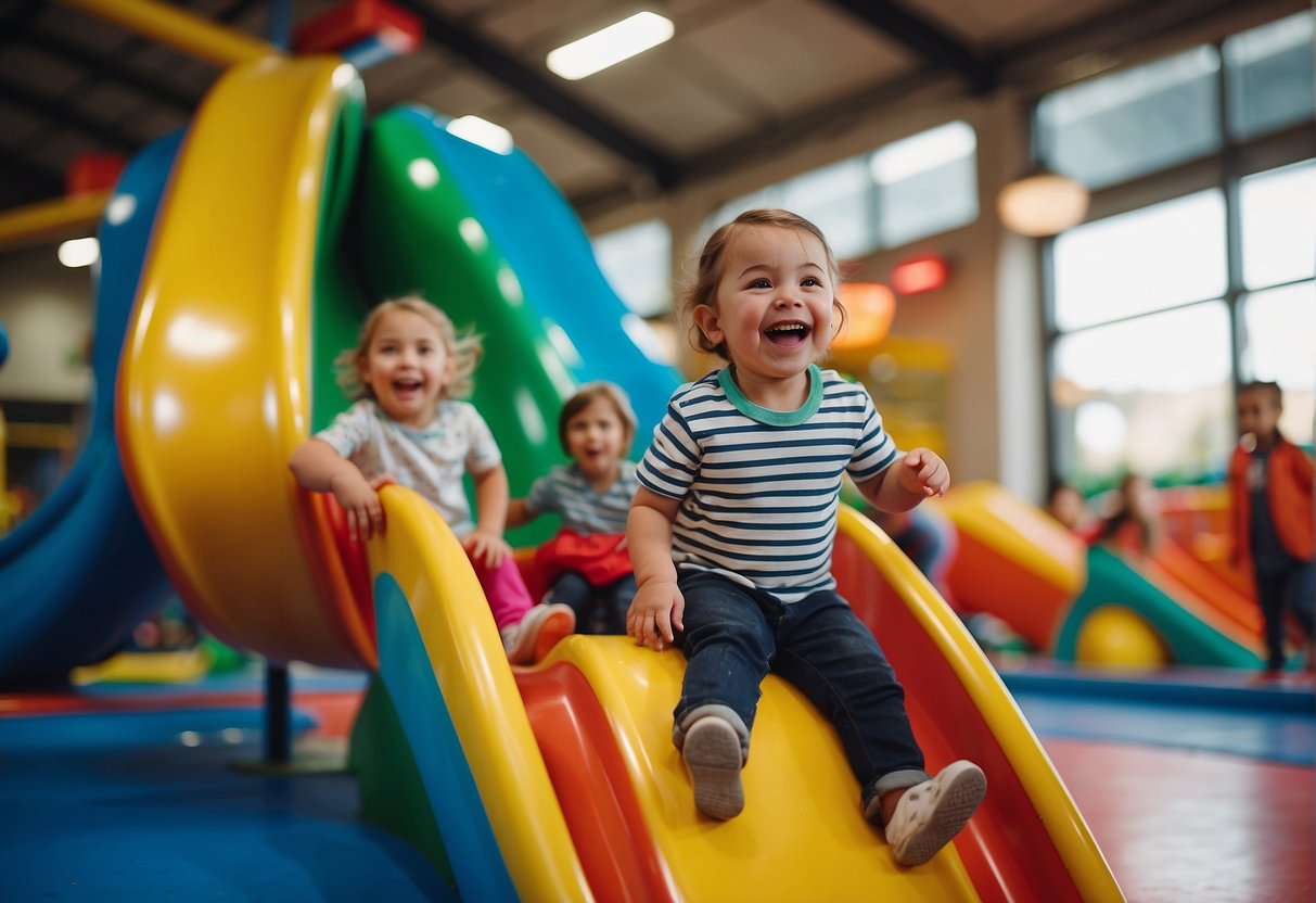 Children laughing and playing on colorful slides, swings, and jungle gyms in a bright and spacious indoor playground. Families relax at nearby tables while enjoying snacks and watching the fun