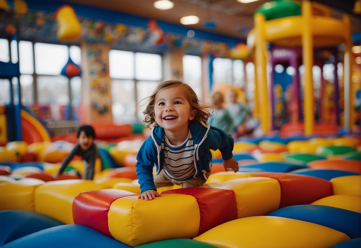 Children playing in a colorful indoor playground in Missouri, surrounded by affiliate program logos and partnership banners. The scene is filled with laughter and excitement, providing a fun and mud-free spring break experience