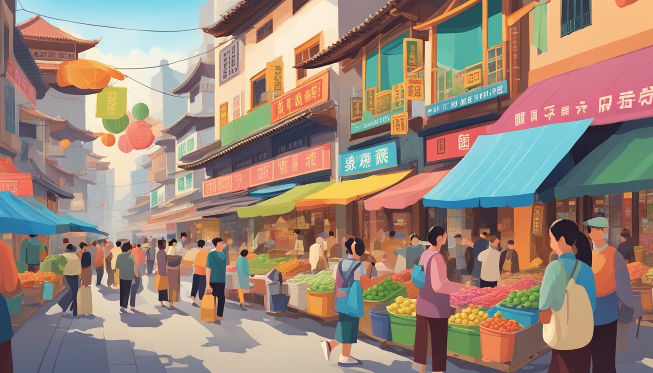 A bustling street market with colorful storefronts and people browsing goods, a prominent sign reading "Guang Tong Brand" in bold, vibrant lettering
