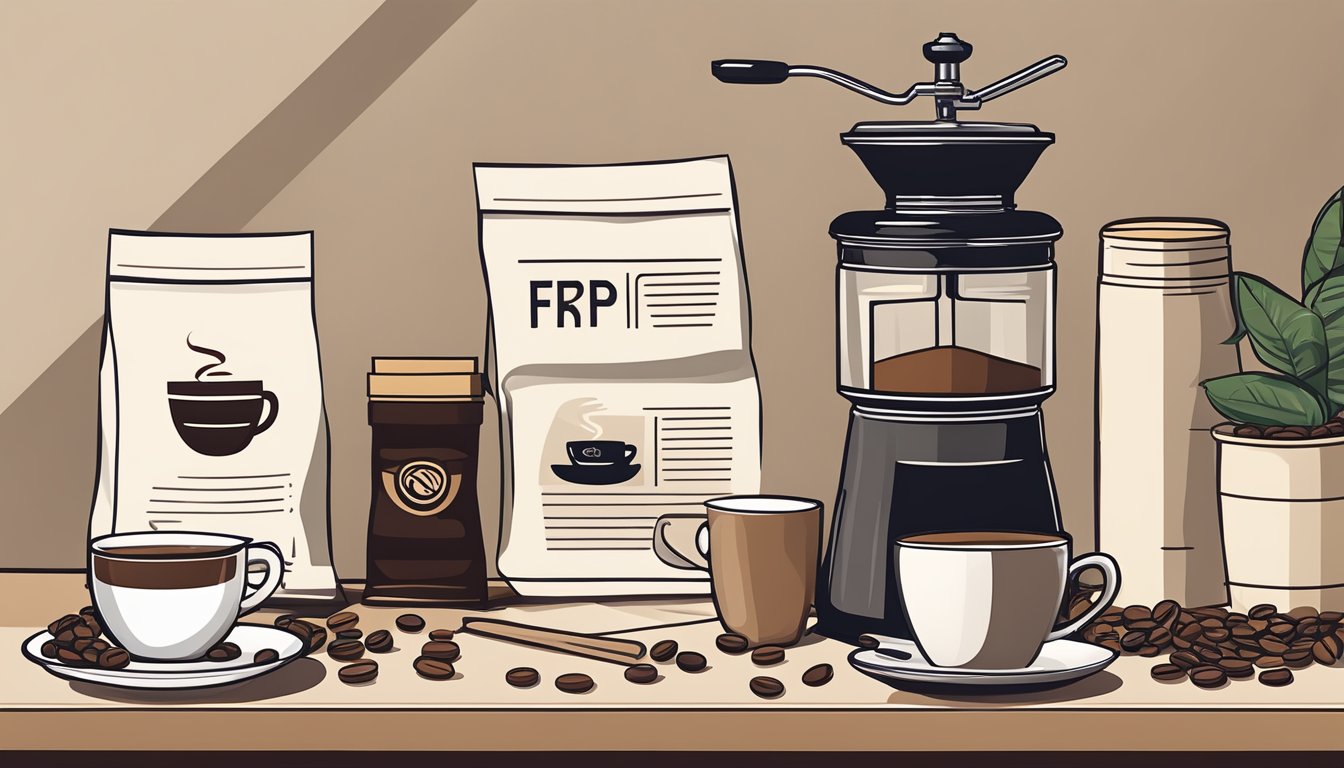 Various coffee brand logos surround a stack of FAQ sheets on a table. A coffee grinder and bags of ground coffee are nearby