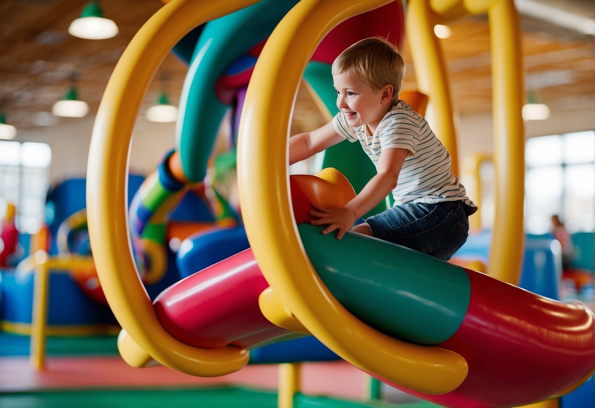 Children playing on colorful indoor playground equipment, surrounded by bright, clean surroundings. Signs advertising spring break activities in Missouri are prominently displayed