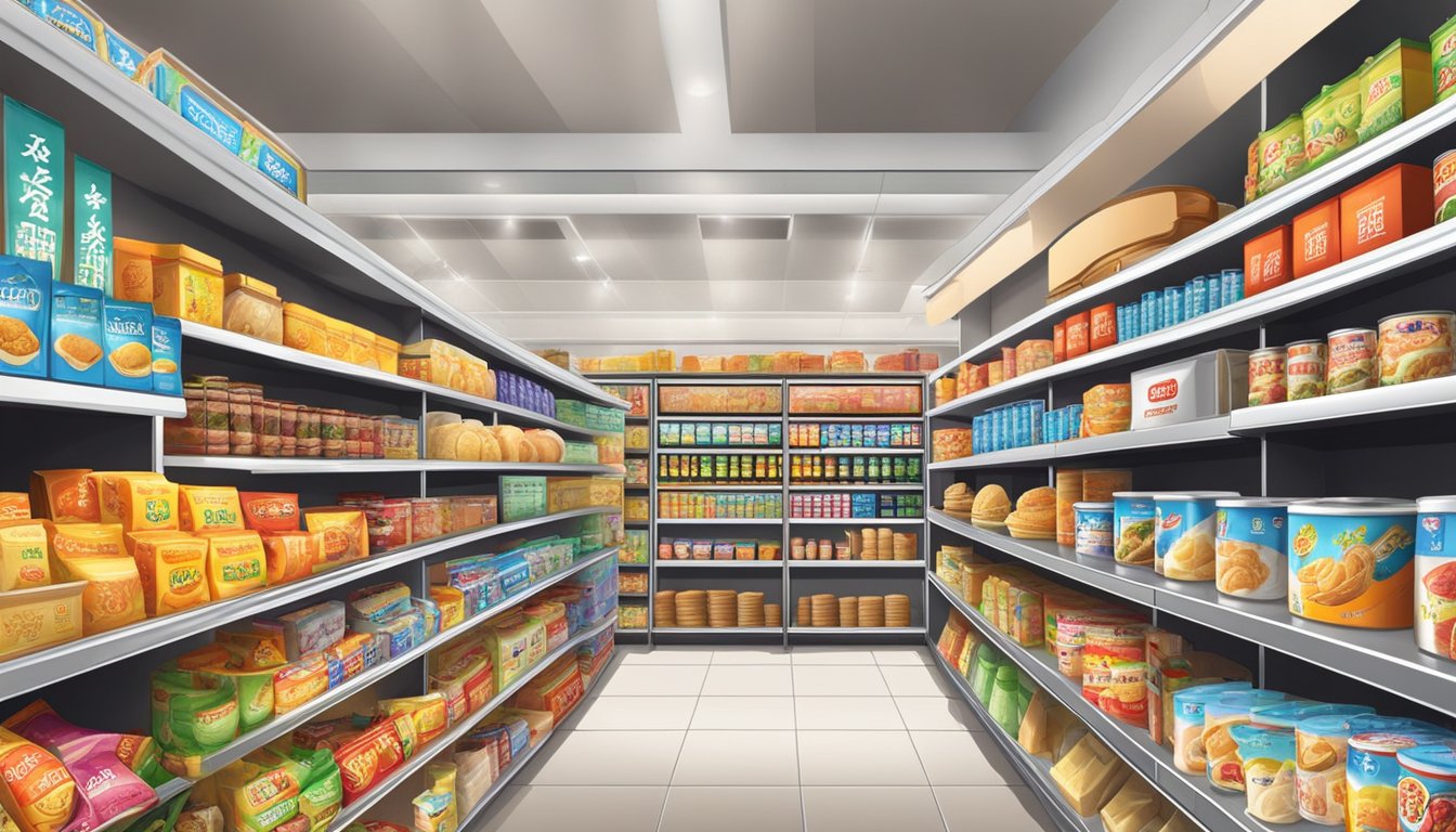 The shelves are filled with various Guang Tong brand products, from snacks to household items, all neatly arranged and readily available for purchase