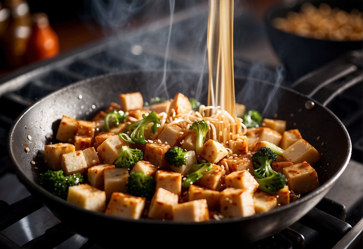 A wok sizzles with diced tofu, garlic, and ginger. A splash of soy sauce adds color to the dish as steam rises