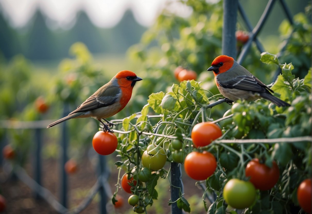 Birds deterred from red tomatoes by netting covering plants