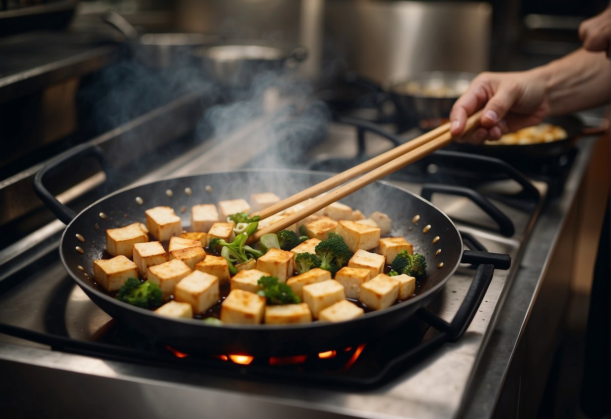 A wok sizzles as tofu cubes are stir-fried with ginger, garlic, and soy sauce. Steam rises, filling the kitchen with savory aromas