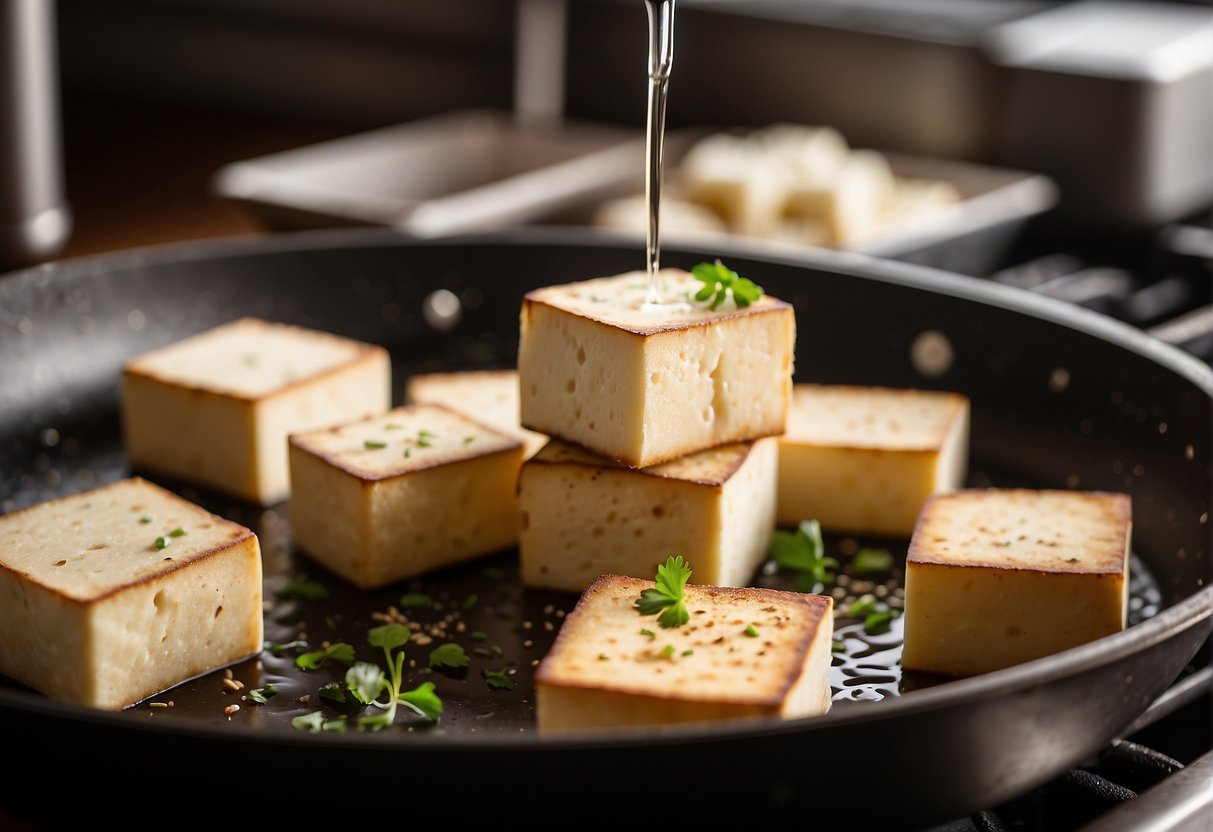 Tofu cubes being gently pressed between paper towels to remove excess moisture before being seasoned and pan-fried in a hot skillet