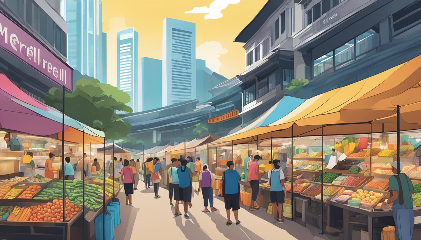 A bustling outdoor market in Singapore, with colorful stalls and people browsing. The Merrell store stands out with its vibrant signage and displays