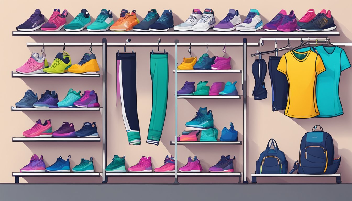 Various gym attire brands displayed on shelves, including colorful leggings, sports bras, and tank tops. Sneakers and workout gloves are also featured