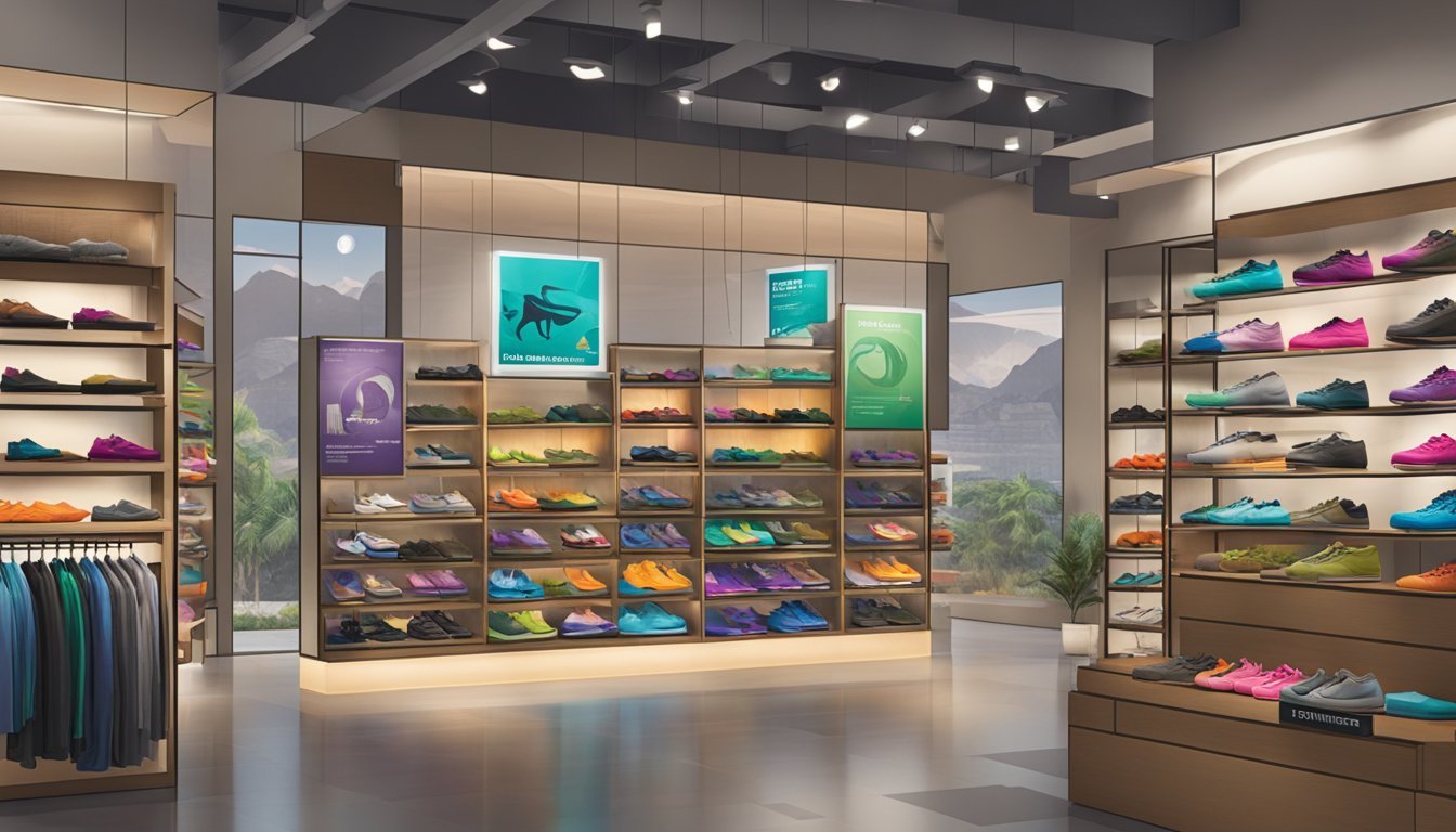 A bustling outdoor retail store in Singapore displays a variety of Merrell footwear on sleek, modern shelves. Bright lighting illuminates the colorful array of shoes, inviting customers to explore the selection