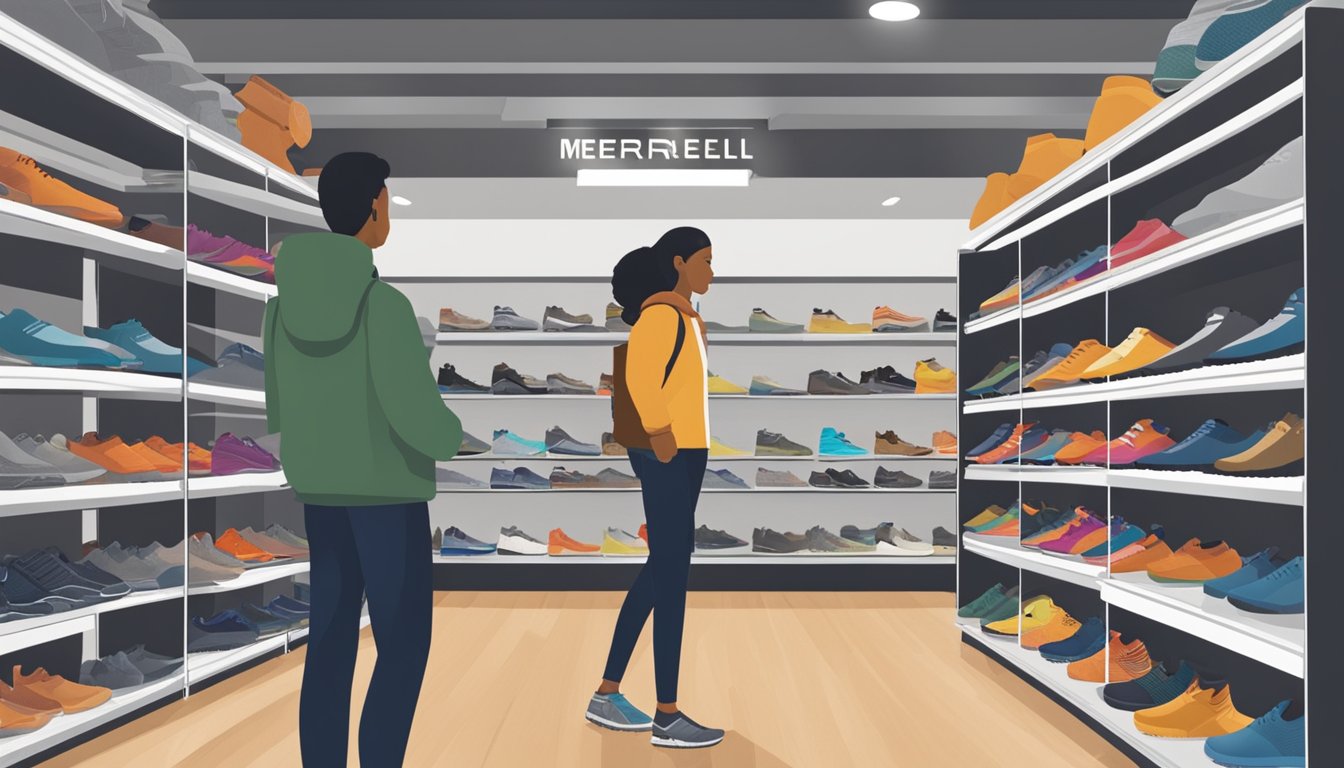 A person stands in a store, looking at various Merrell footwear options displayed on shelves. The store is well-lit and organized, with clear signage indicating the different styles and sizes available