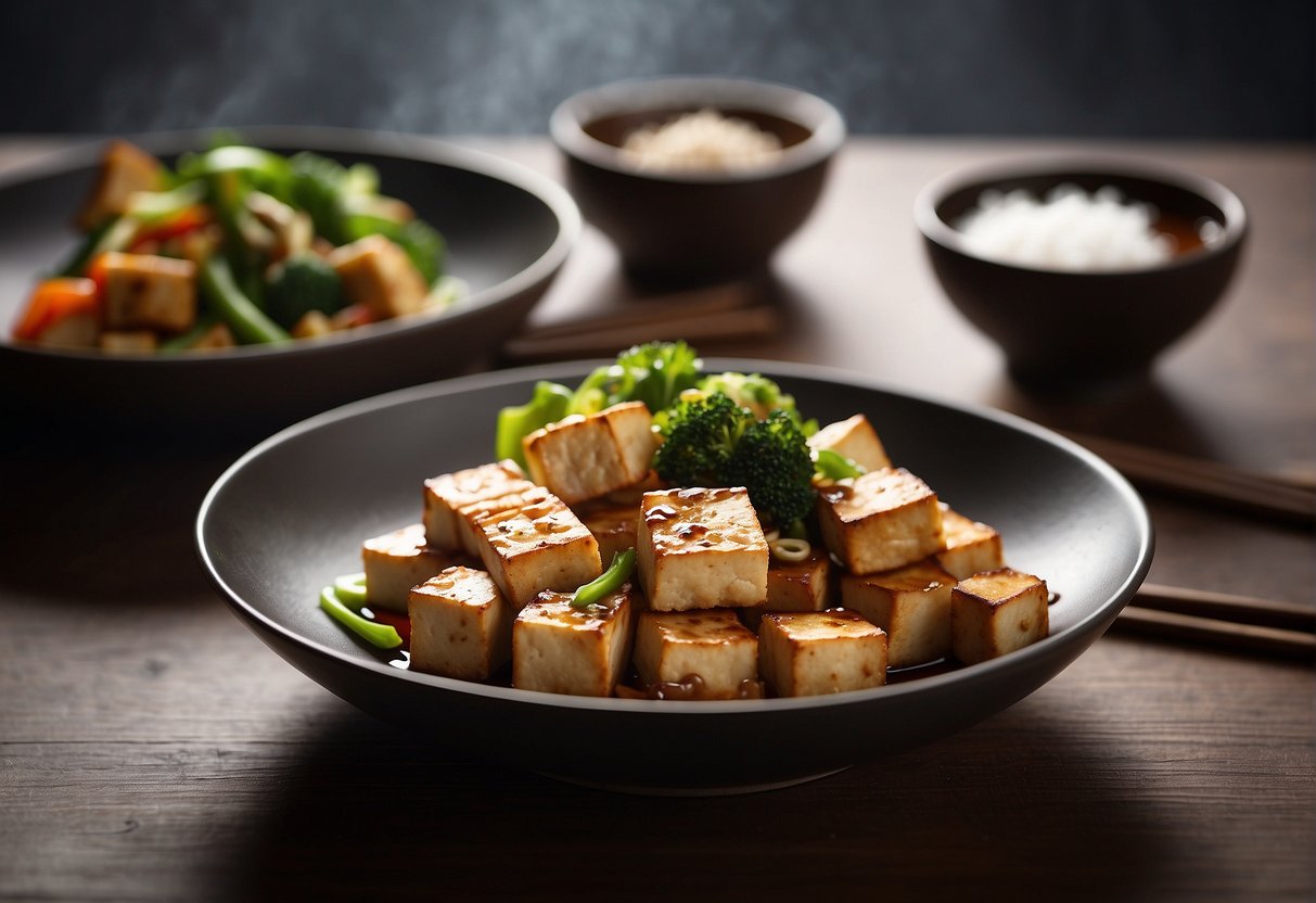 A plate of tofu stir-fry sits on a wooden table next to a pair of chopsticks and a small bowl of soy sauce