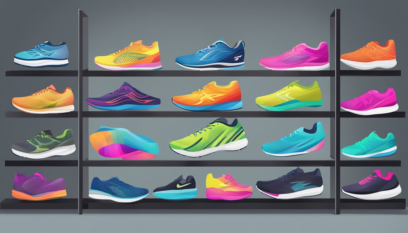 Colorful athletic shoes, moisture-wicking tank tops, and form-fitting leggings neatly displayed on shelves with bold brand logos