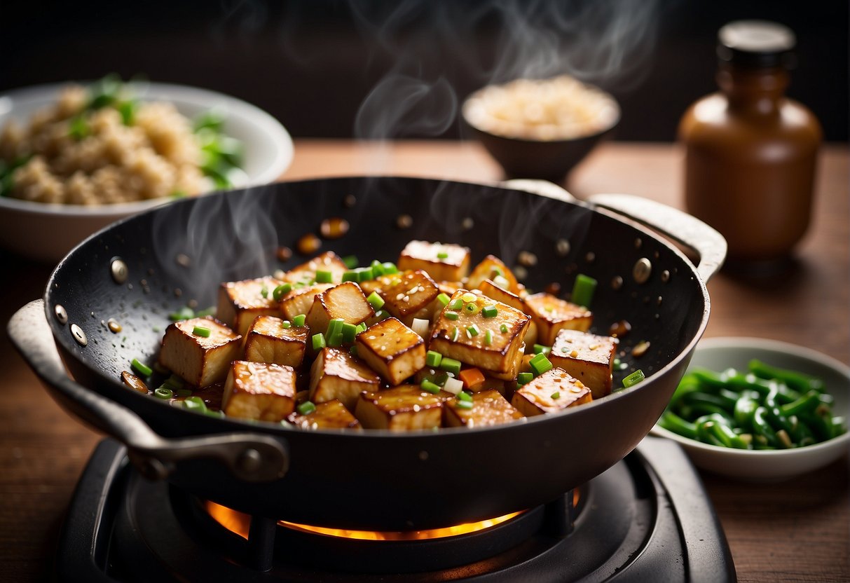 A wok sizzles with stir-fried tofu, ginger, and garlic. A splash of soy sauce and a sprinkle of green onions complete the dish