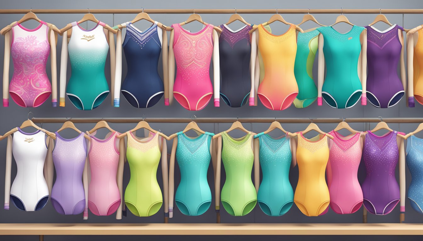 A display of various gymnastics leotard brands arranged on a rack. Vibrant colors and intricate designs catch the eye