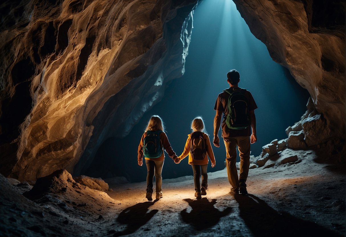A family hikes through dark caves, illuminated by the glow of their flashlights. Stalactites and stalagmites create a mysterious and enchanting atmosphere
