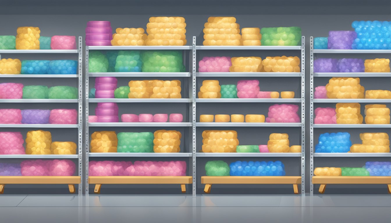Bubble wrap rolls stacked on shelves, labeled for fragile items, moving, and insulation. Bright store lights and customers browsing
