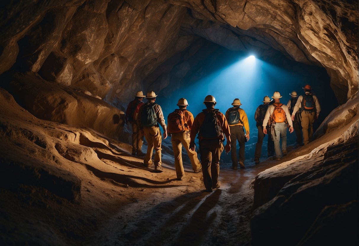 A group of spelunkers navigate through the dark and winding passages of Missouri's caves, marveling at the ancient formations and rich history hidden within the earth