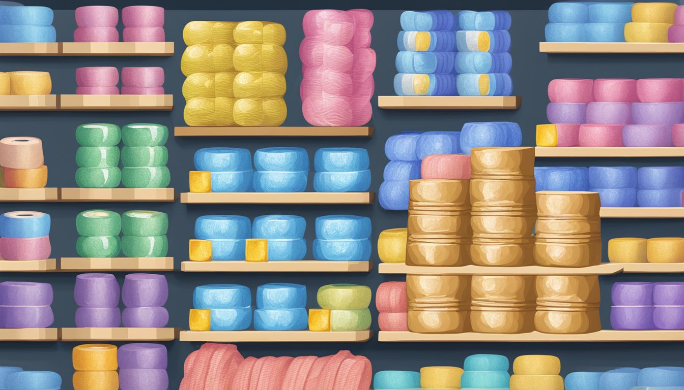 Bubble wrap rolls stacked on shelves in a Singapore store, with a sign "Frequently Asked Questions: where to buy bubble wrap" displayed prominently
